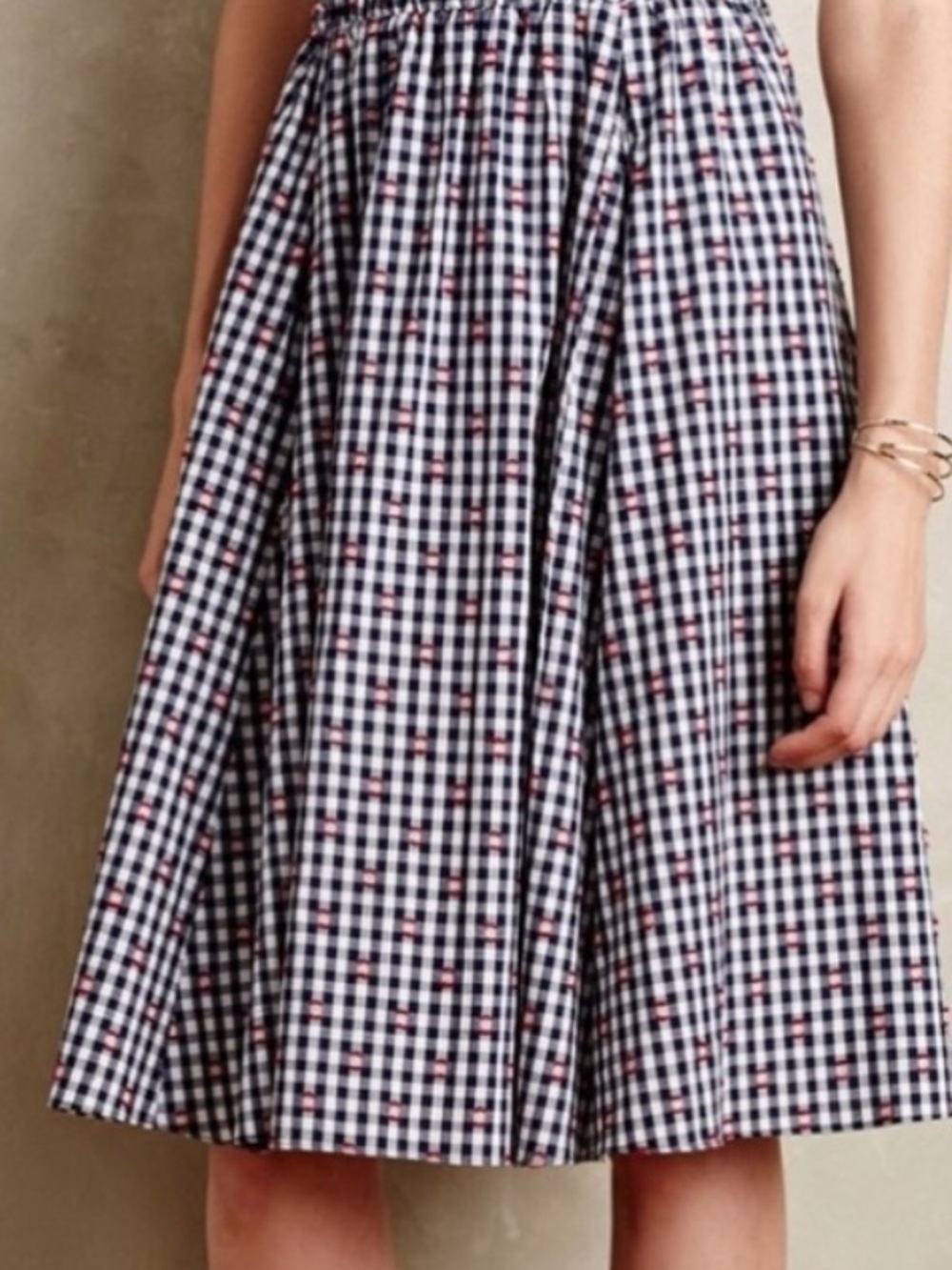 Maeve Anthropologie Gingham Check Skirt in Navy/White w/Red Embroidery - Picture 2 of 7
